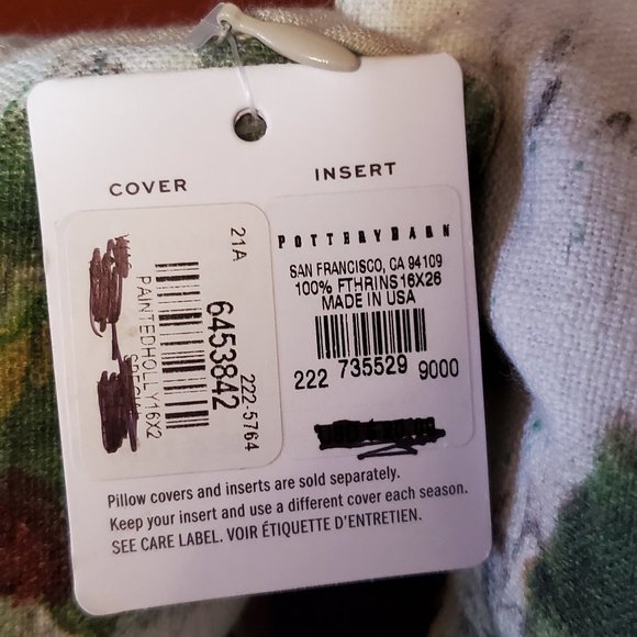 Pottery Barn Painted Holly Branch Pillow NWT 16x26" Christmas +New PB Inserts - Picture 3 of 9